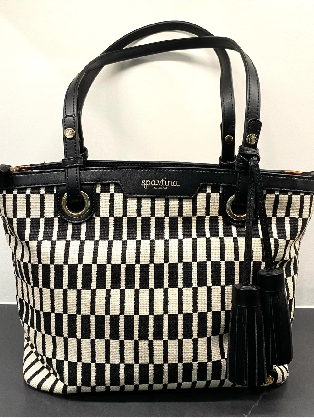 Spartina 449 Black & Cream Woven Check Tote with Tassels Linen/Leather
